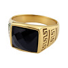 Zlatý prsten s černým kamenem a geometrickým vzorem, velikost 9-12, výška 15mm, stříbrná barva, elegantní design.