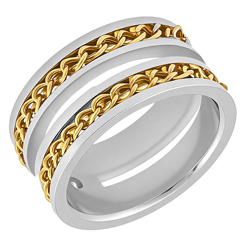 Ocelový prsten, zlacené řetízky v drážkách na plochách prstenu
